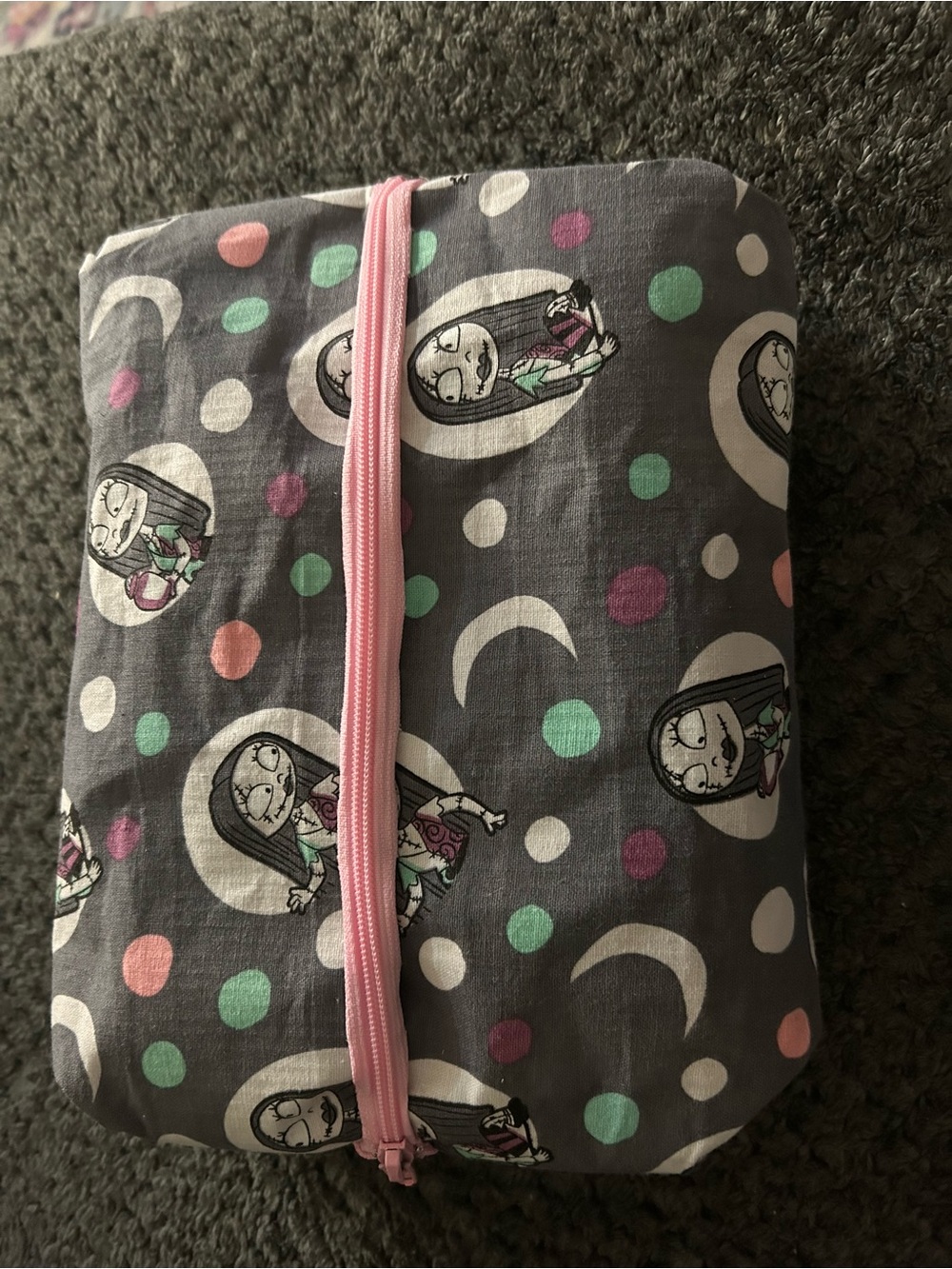 Hand Crafted Sally Gray Cosmetic Bag with Pink, Mint & White Polka Dot